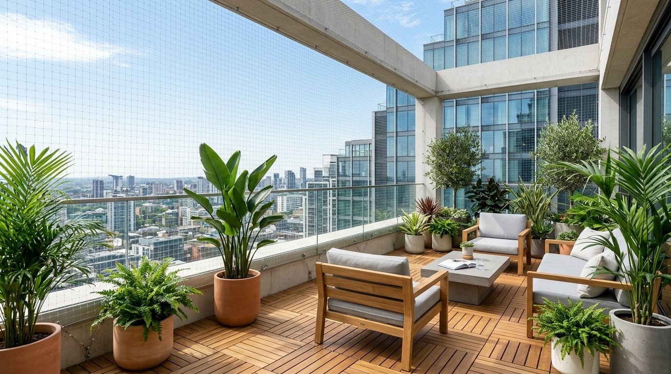Spacious penthouse terrace balcony with pigeon safety netting