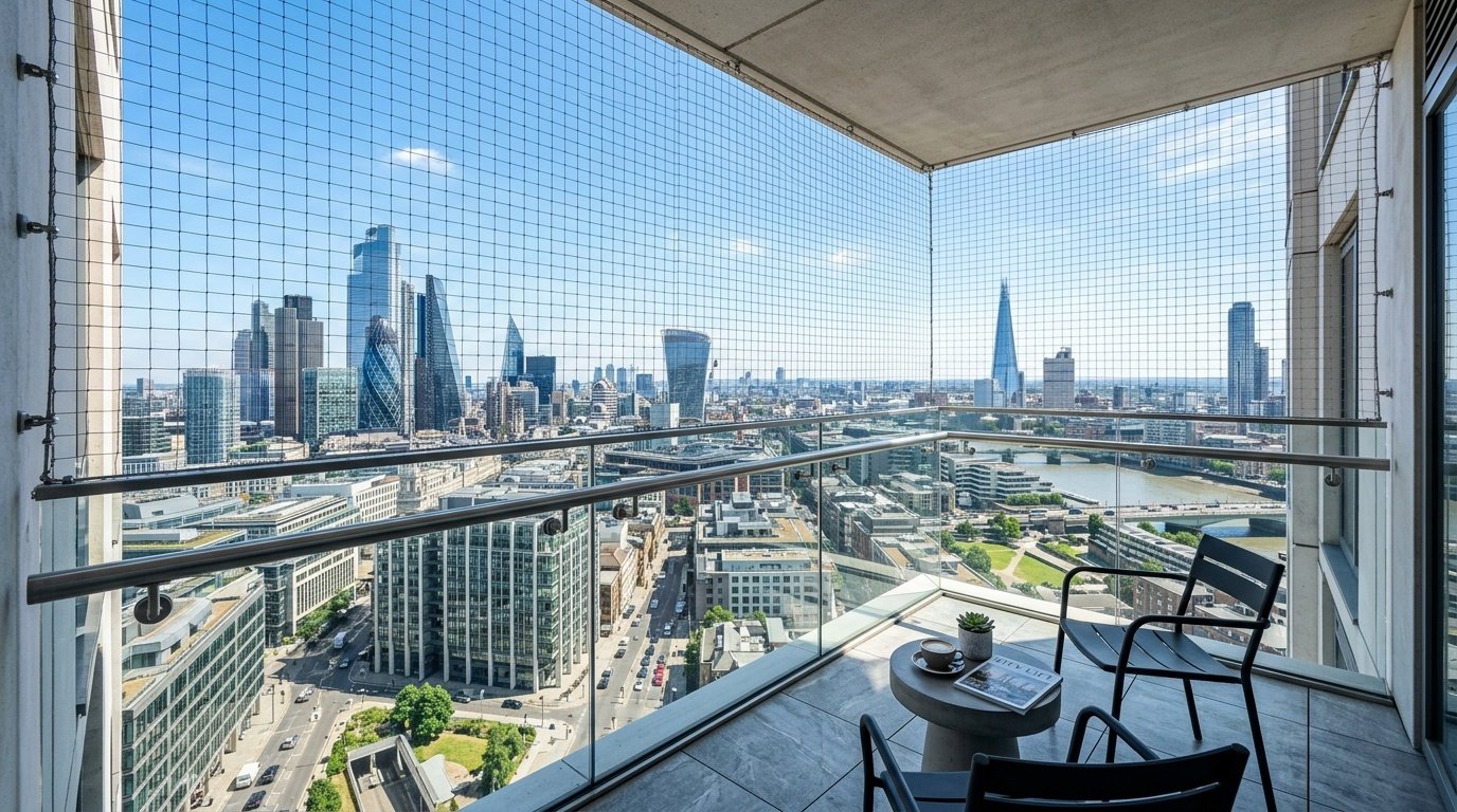 High-rise architectural balcony view protected with bird netting