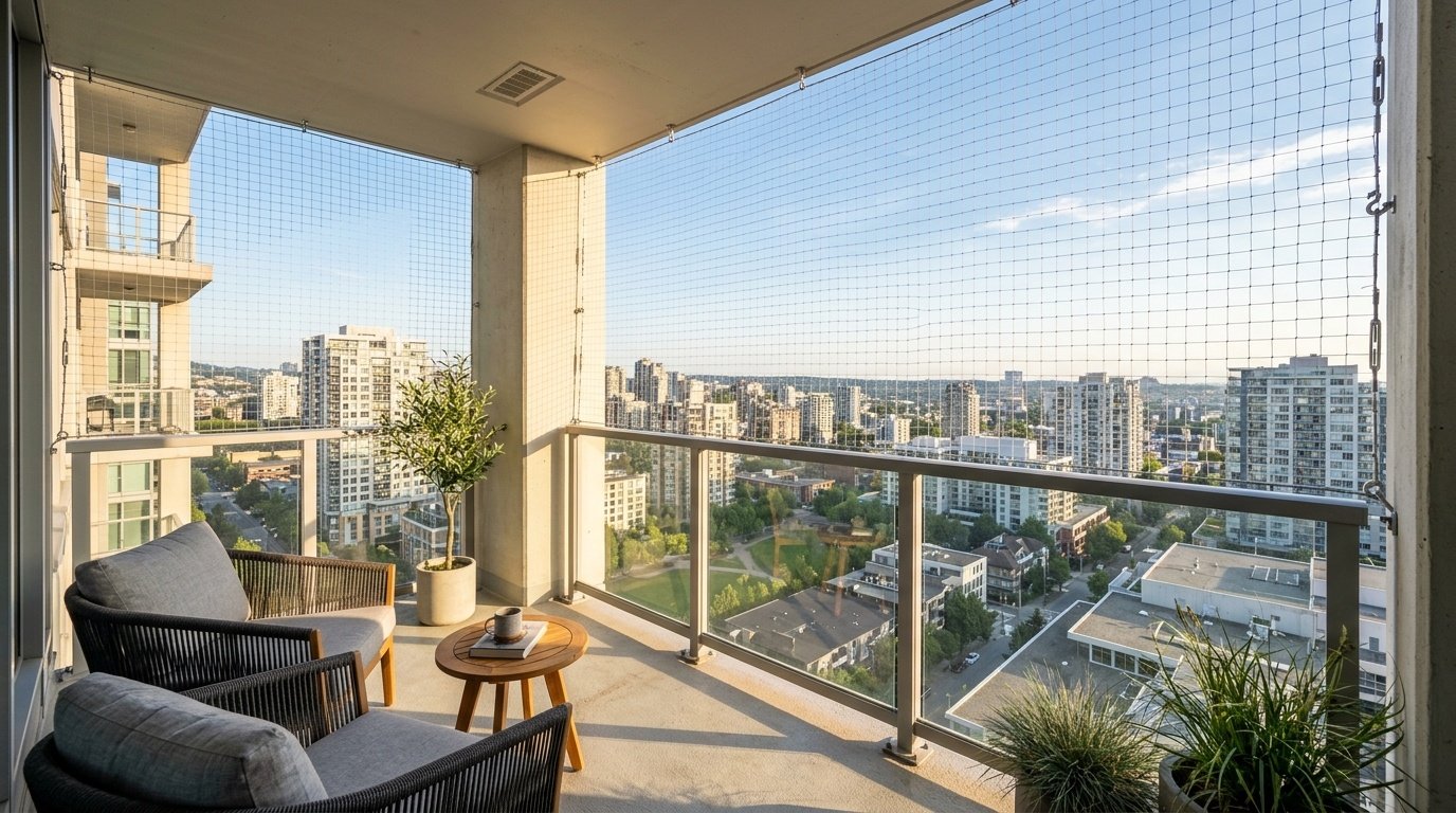 Contemporary apartment balcony with neat bird protection netting