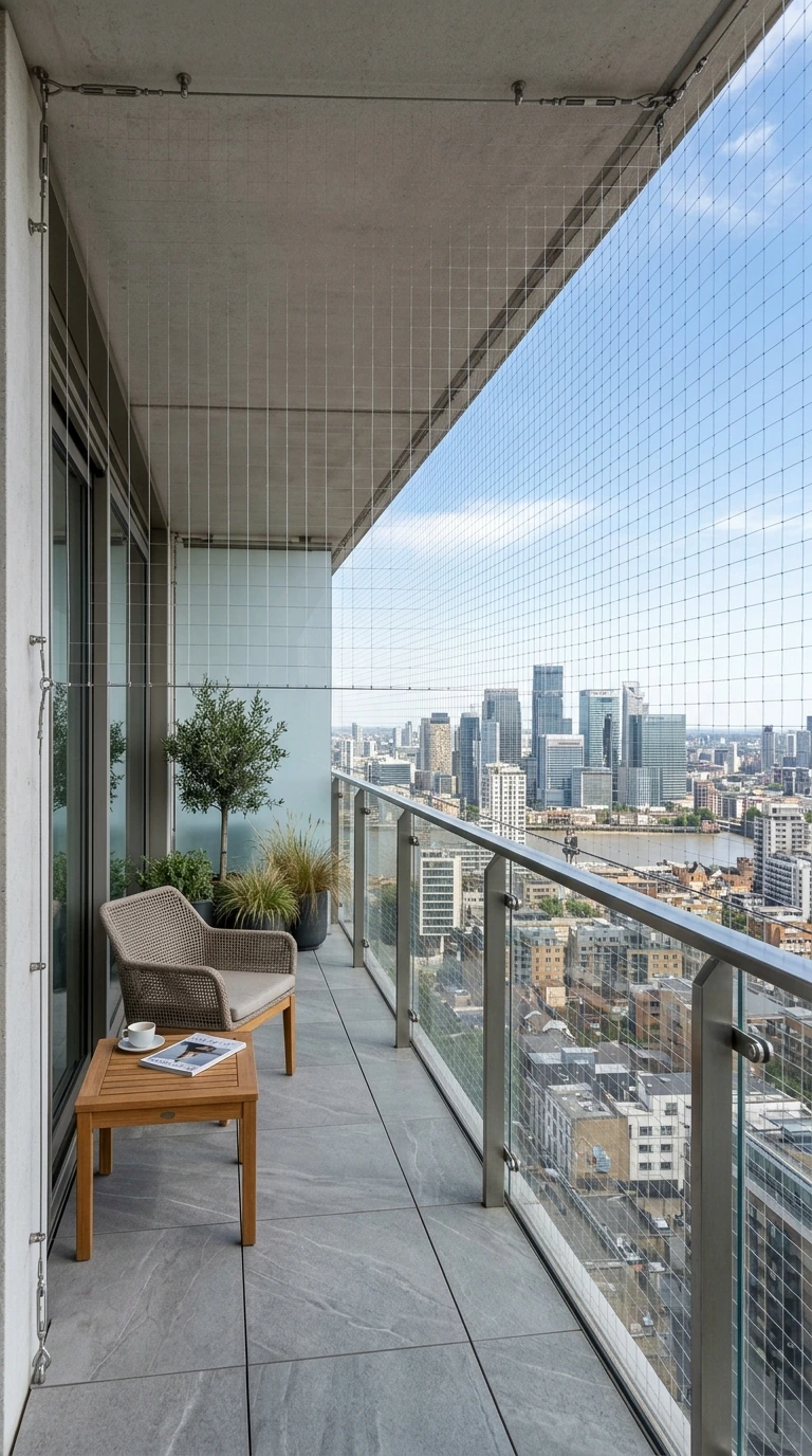 Modern luxury high-rise apartment balcony perimeter bird netting