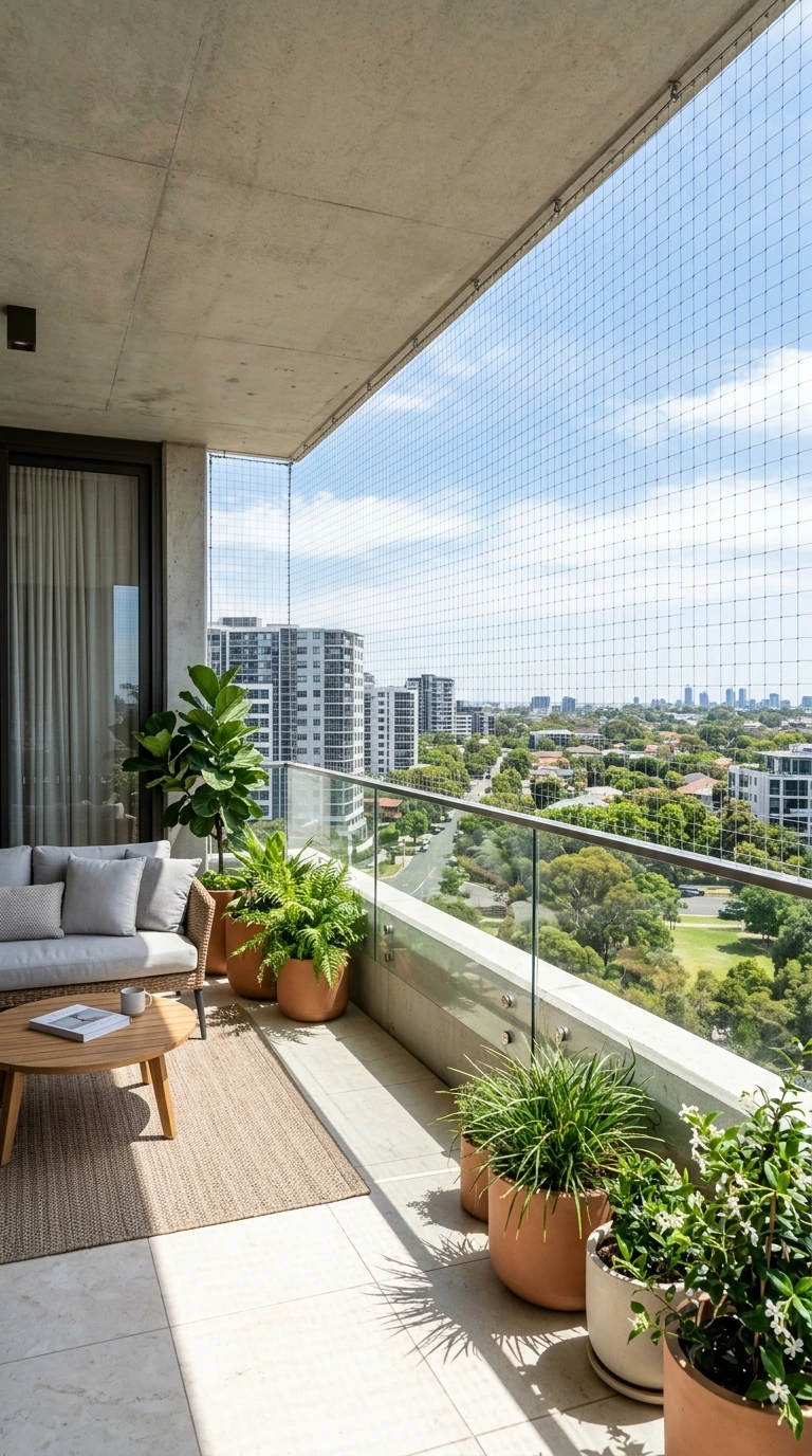 Spacious residential balcony with taut pigeon safety netting